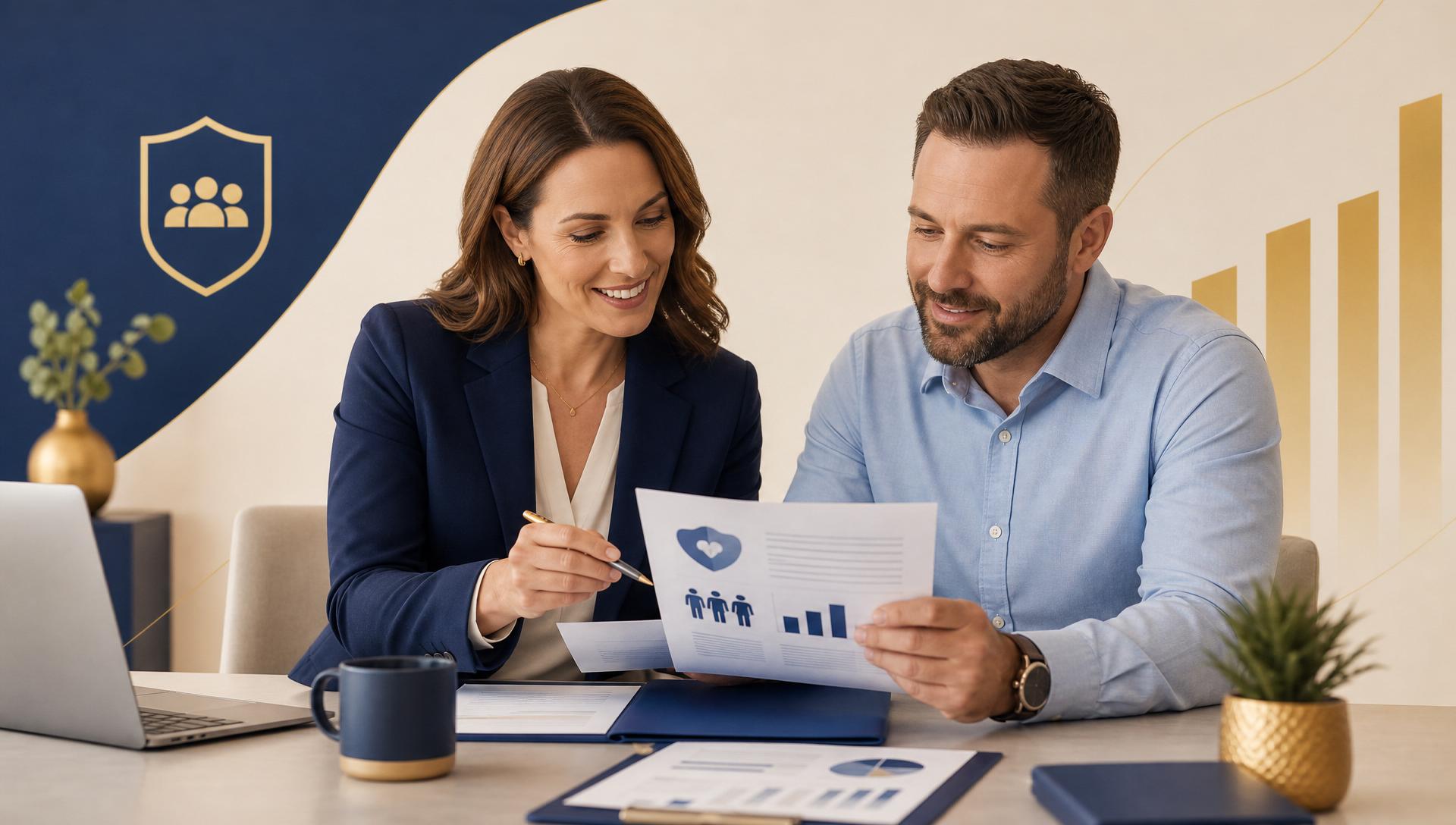 Benefits advisor helping a business owner review health insurance and employee benefits documents